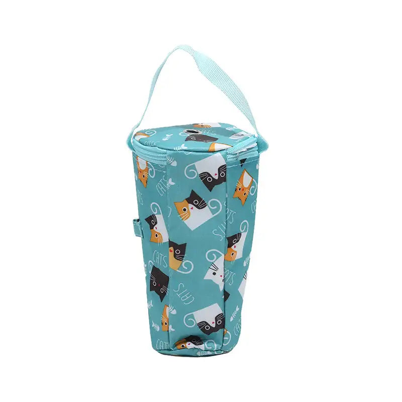 Teal fabric bag with cat pattern on a white background