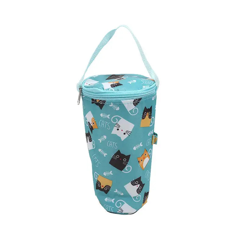 Teal cylindrical bag with cat pattern on a white background