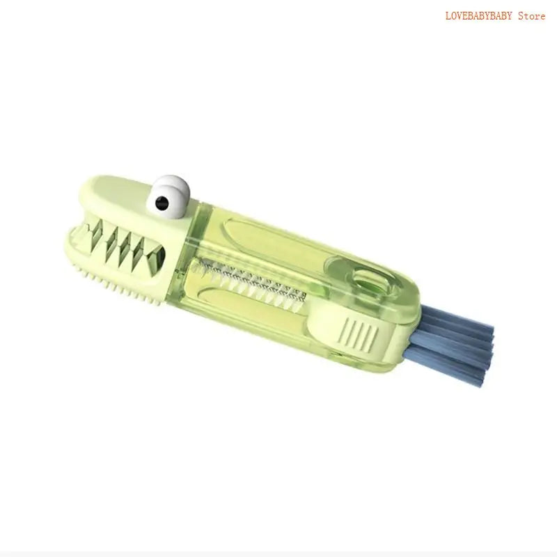 Clear plastic brush with a blue bristle head on a white background