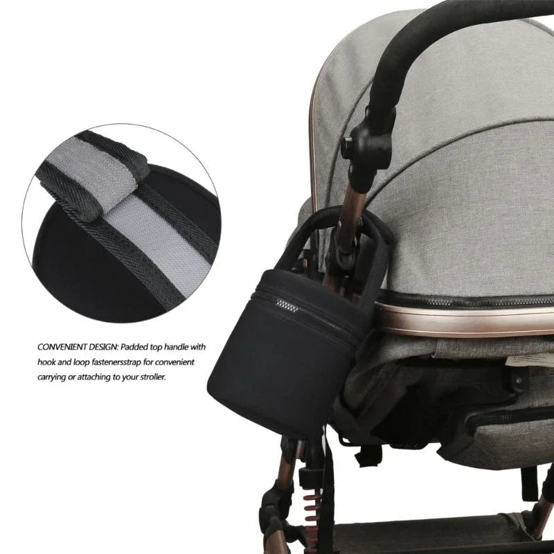 Black pouch attached to a gray stroller with text describing its convenience.