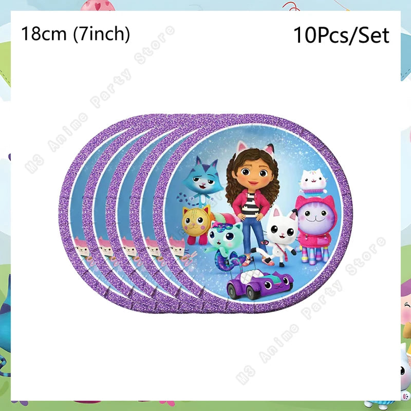 Set of 10 children's paper plates with a cartoon character and animals on a white background.