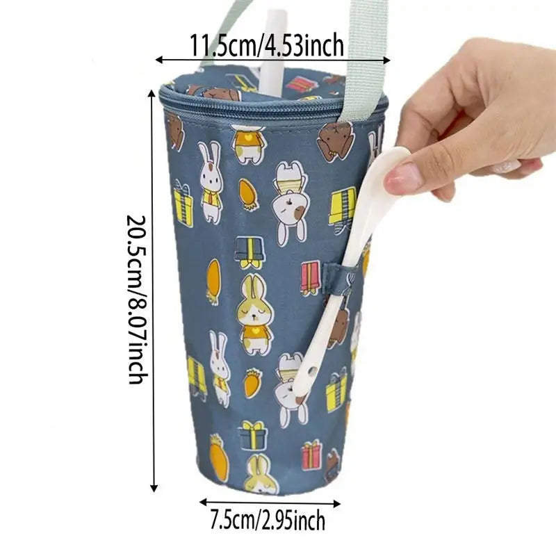 Blue insulated drink container with cartoon designs and measurements on a white background