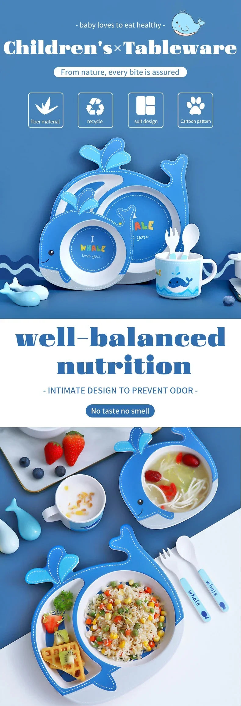 Children's tableware set with blue whale design on a blue background, featuring text about well-balanced nutrition.