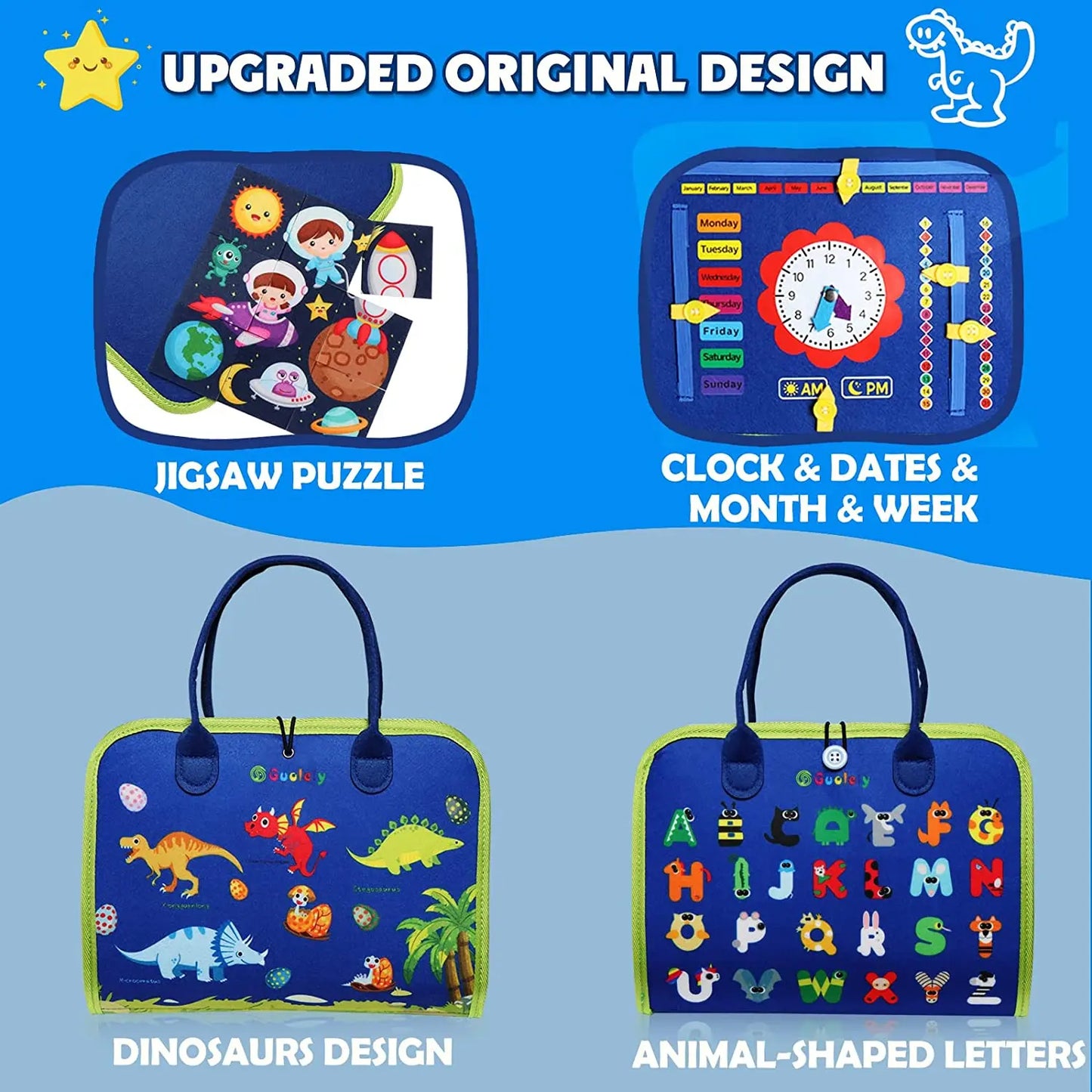 Educational toys with jigsaw puzzle, clock & dates, dinosaurs design, and animal-shaped letters on a blue background.