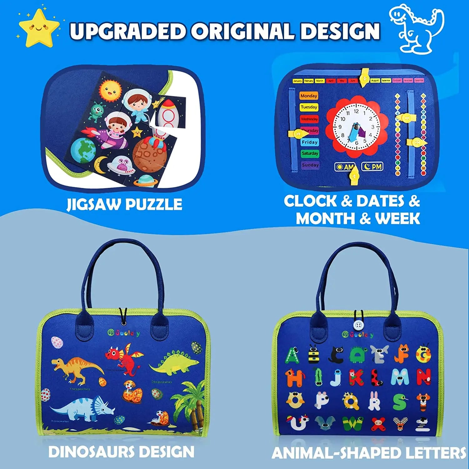 Educational toys with jigsaw puzzle, clock & dates, dinosaurs design, and animal-shaped letters on a blue background.