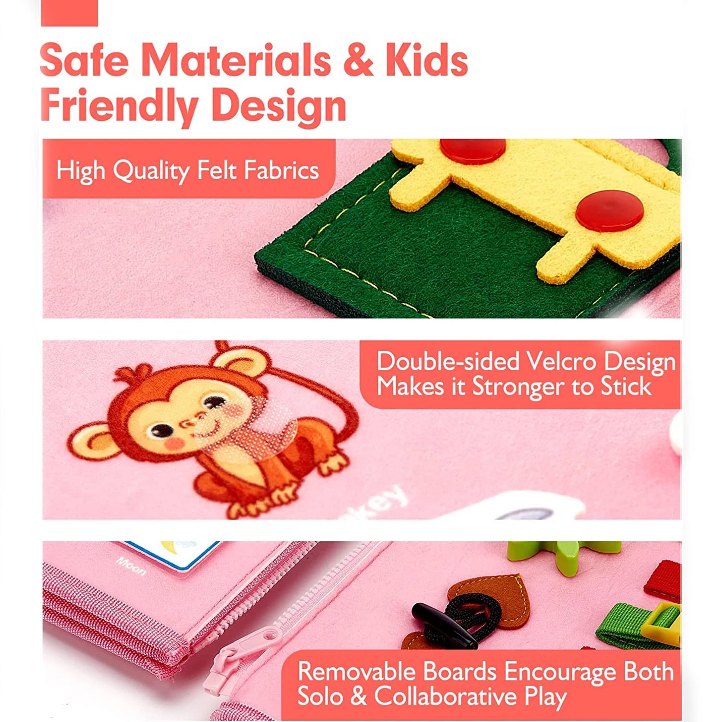 Product packaging with felt materials and Velcro design, featuring a monkey illustration.