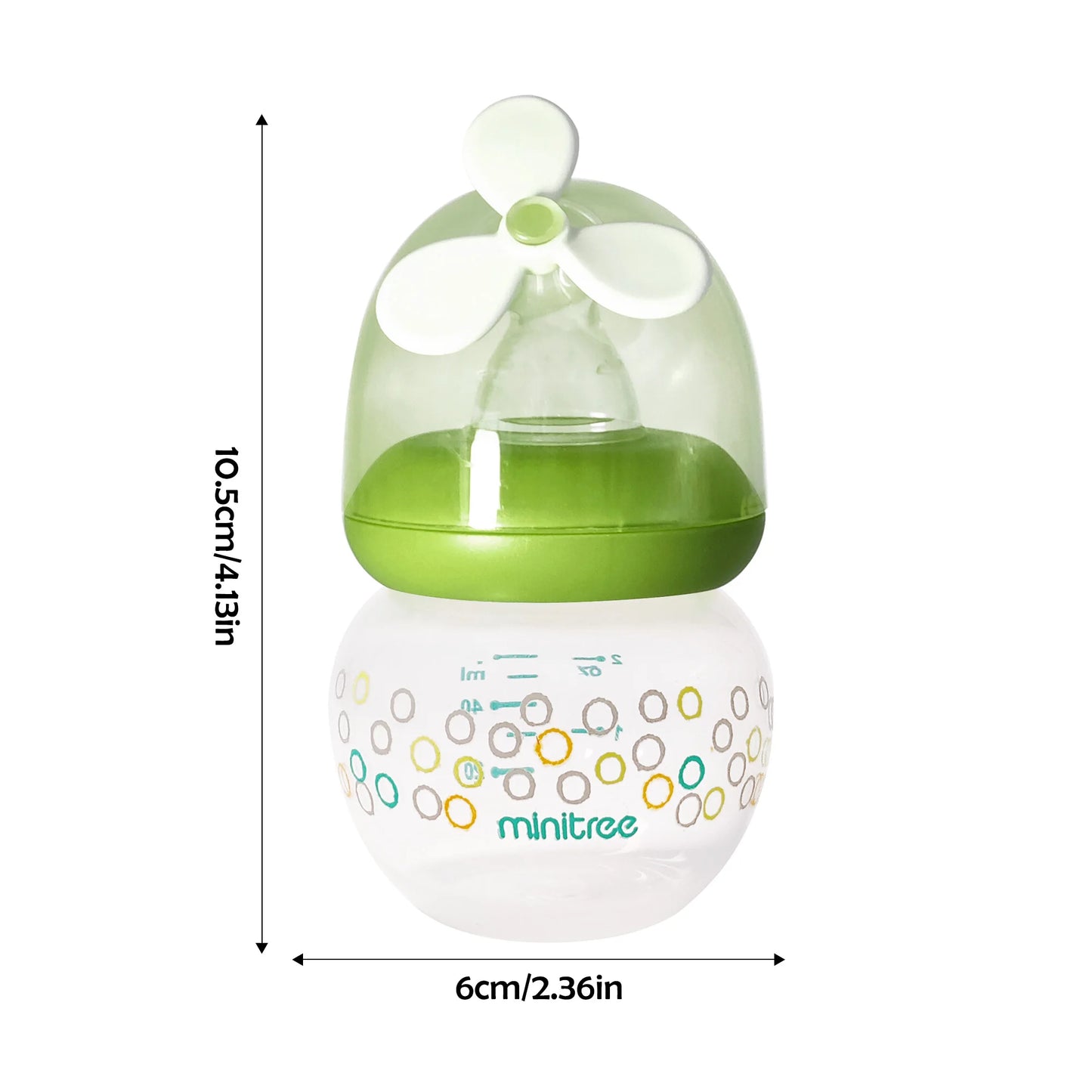 Green and white baby bottle with measurements on a white background
