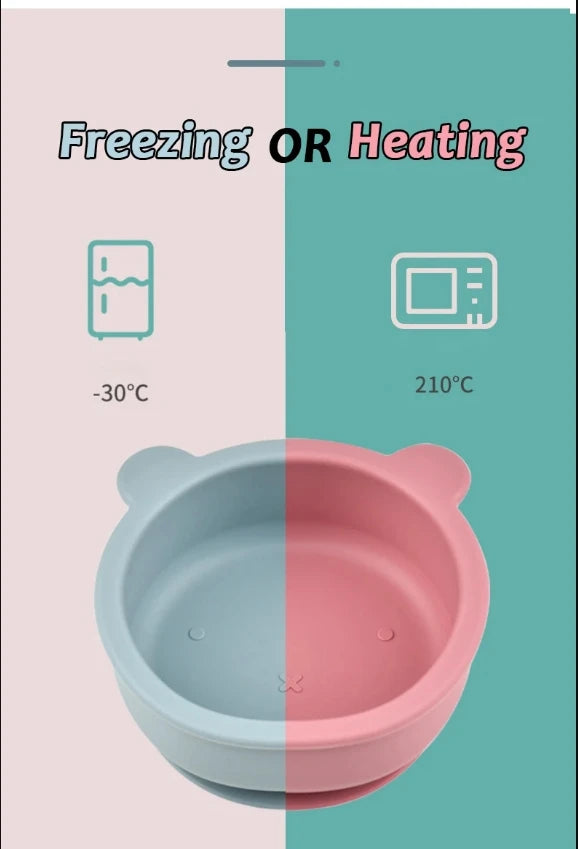 Collapsible silicone bowl with temperature indicators for freezing and heating on a split background.