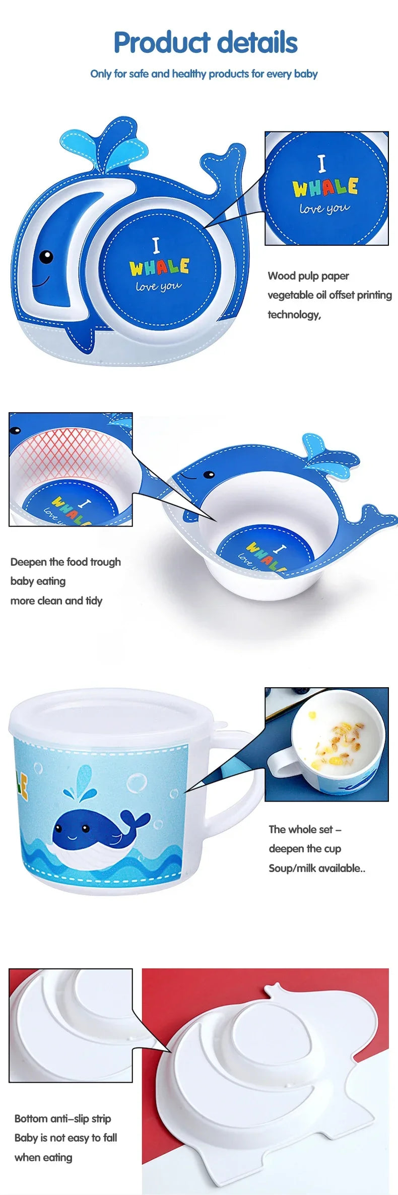 Baby product set with whale design including bowl, cup, and plate.
