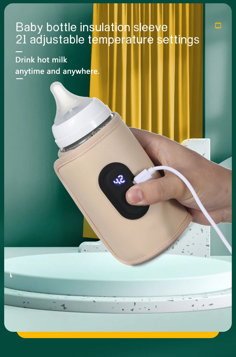 Baby bottle insulation sleeve with digital display held by a hand, set against a blurred indoor background.