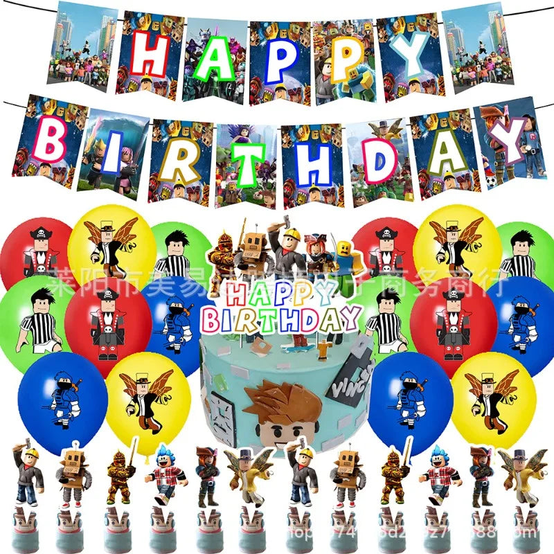 Birthday party decorations with 'Happy Birthday' banner, balloons, and figures on a white background
