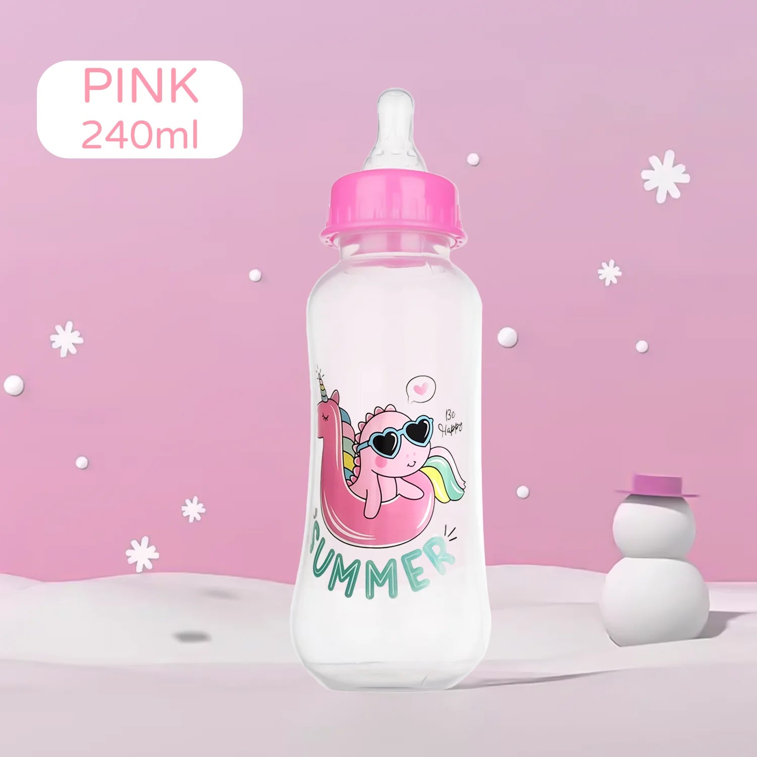 Pink baby bottle with unicorn design on a pink background
