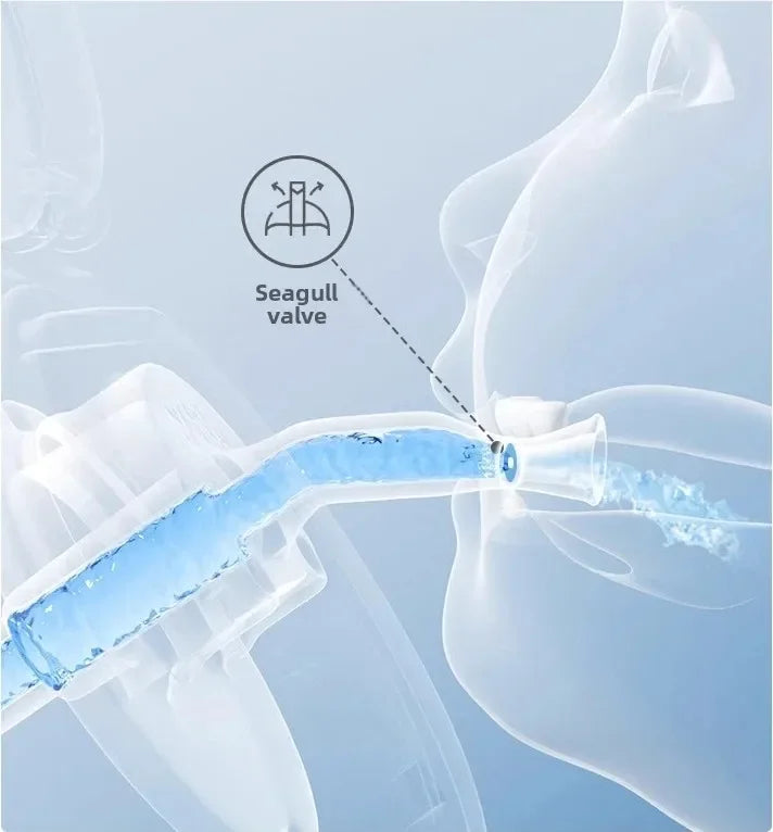 Diagram of a seagull valve with clear and blue elements on a light blue background