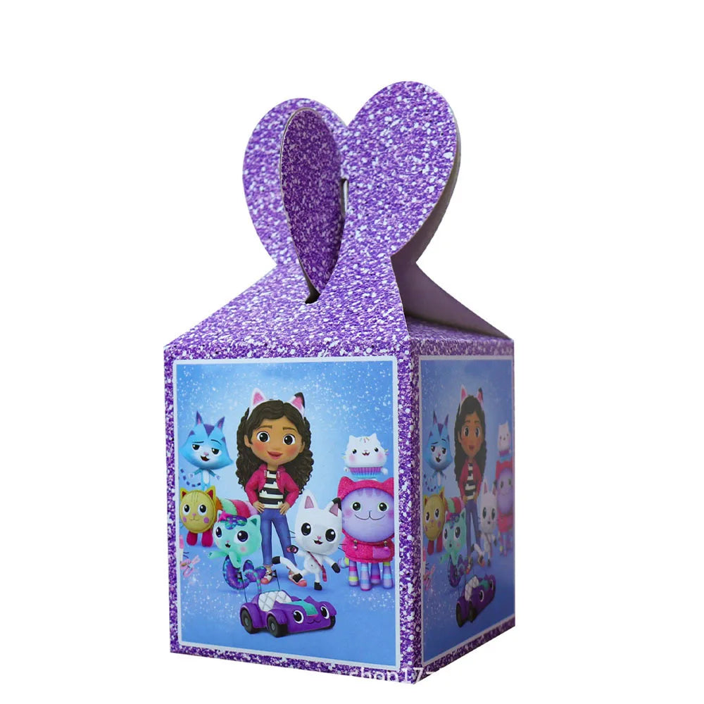 Decorative box with cartoon characters and a purple glittery top on a white background
