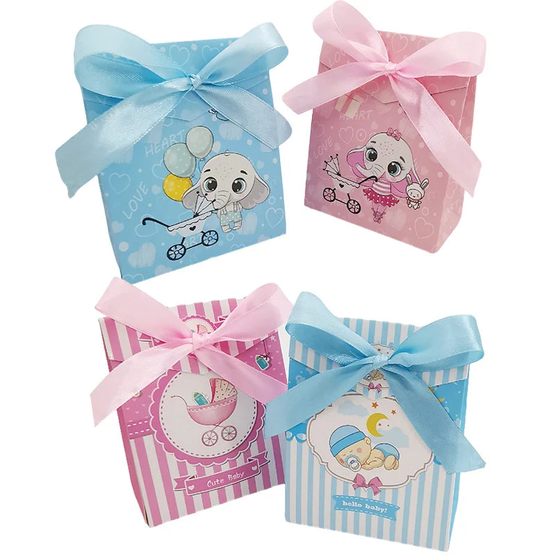 Four small gift boxes with cartoon designs and ribbons on a white background