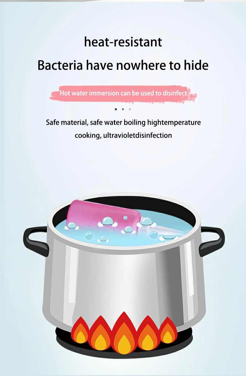 Stainless steel pot with pink object being boiled on a stove, text about heat-resistant properties.