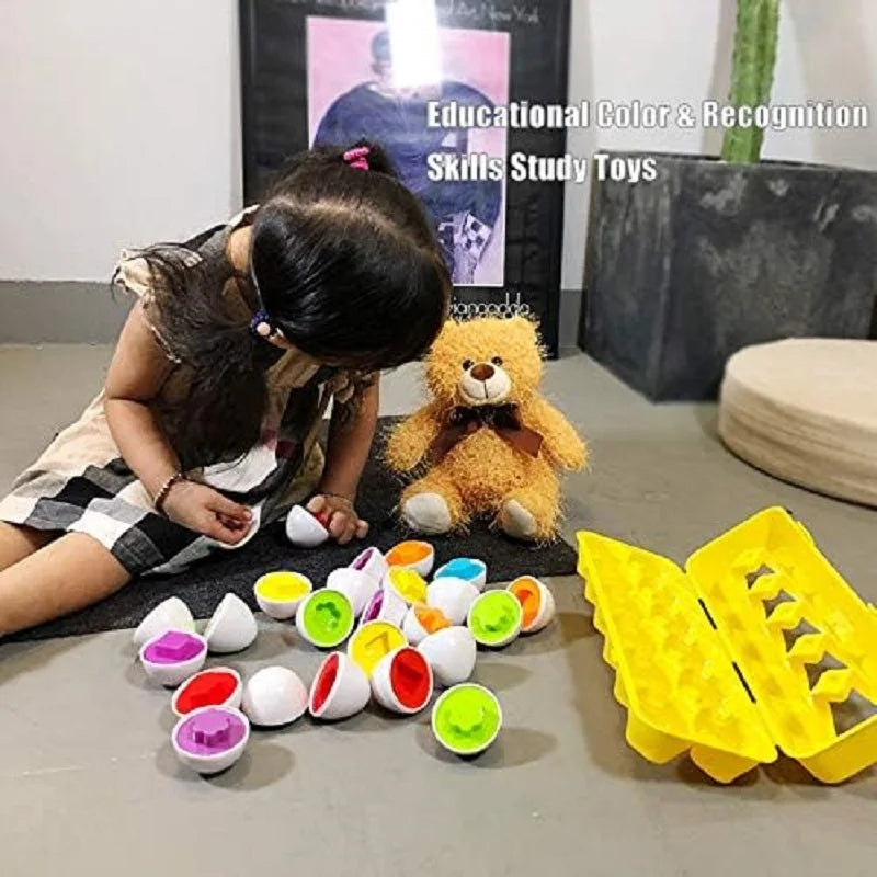 Child playing with educational toys on a floor, with a teddy bear and colorful items.