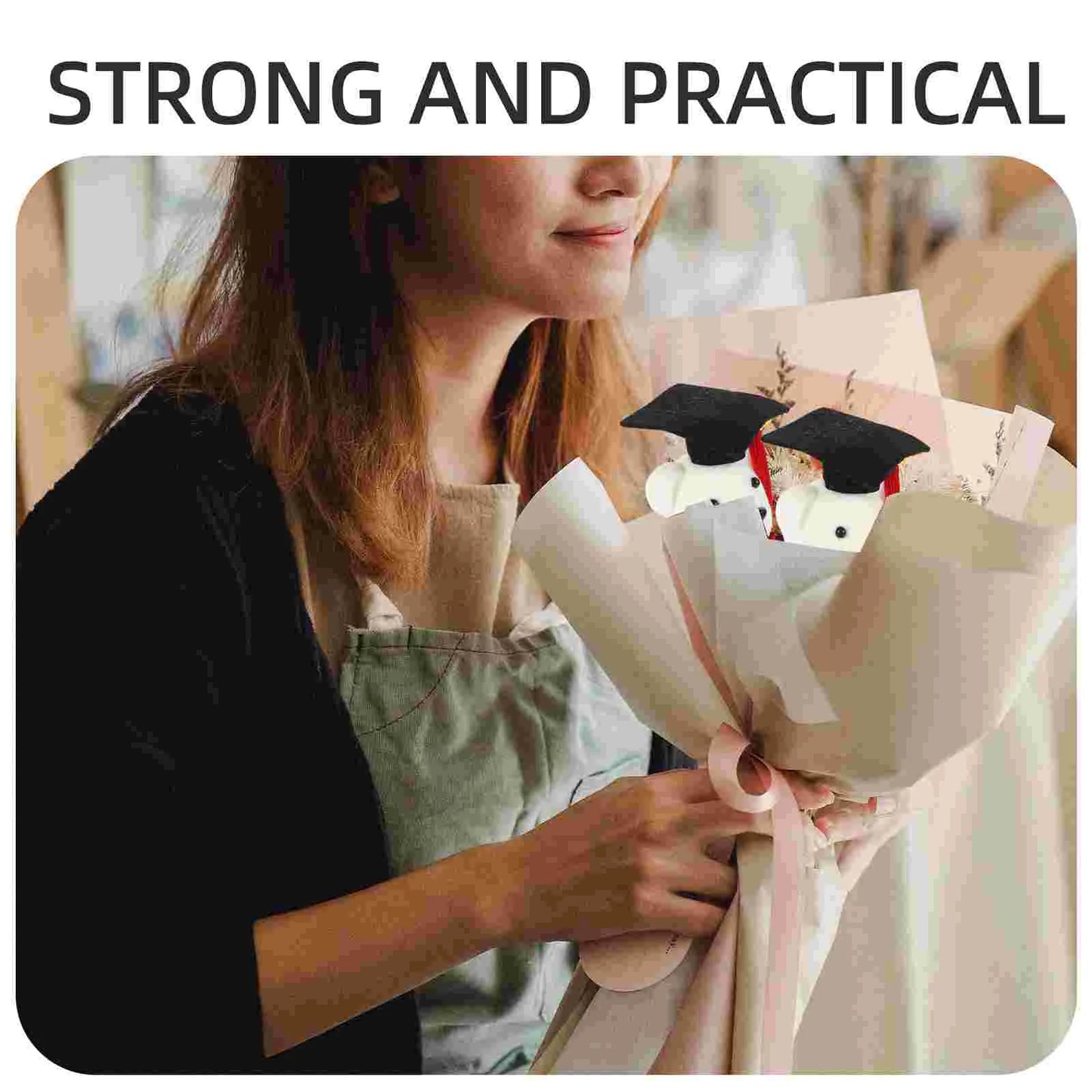 Person holding a bouquet of flowers with graduation caps on top, text 'STRONG AND PRACTICAL' above.