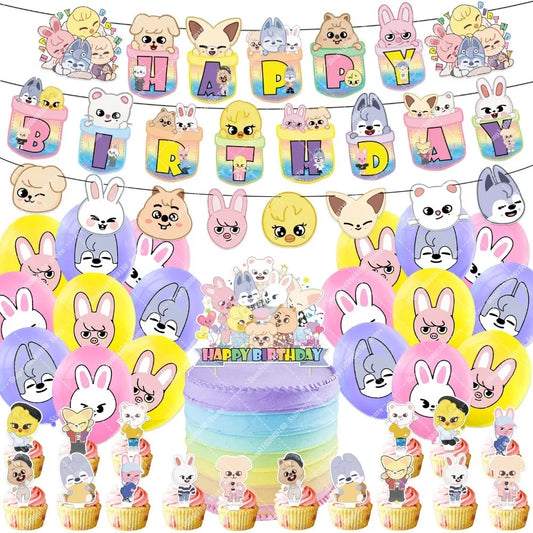 Colorful SKZ OOed birthday banner with balloons and cute animal designs from Nestacular, perfect for children's parties.
