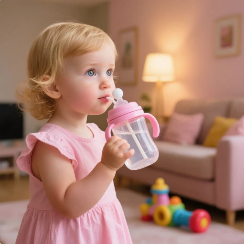 Child in a pink dress holding a sippy cup in a living room.