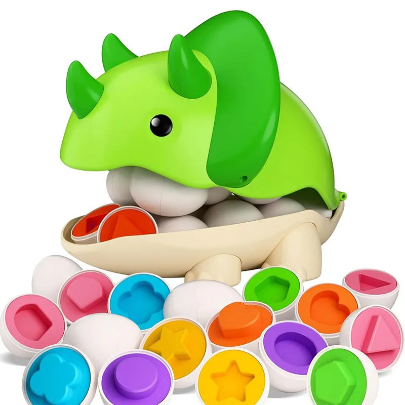 Toy dinosaur with colorful shape-sorting eggs on a white background
