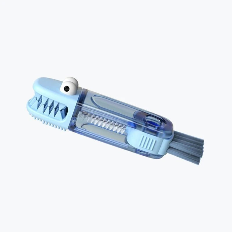Cartoon shark infant feeding bottle brush in glass blue, multi-use with cleaning bristles and cup lid.