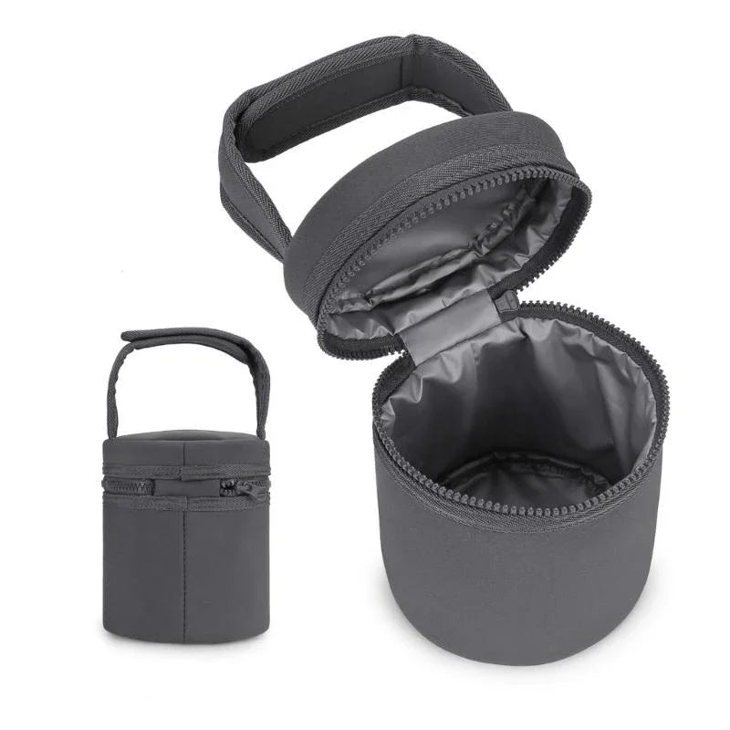 Gray travel case with a smaller black container on a white background