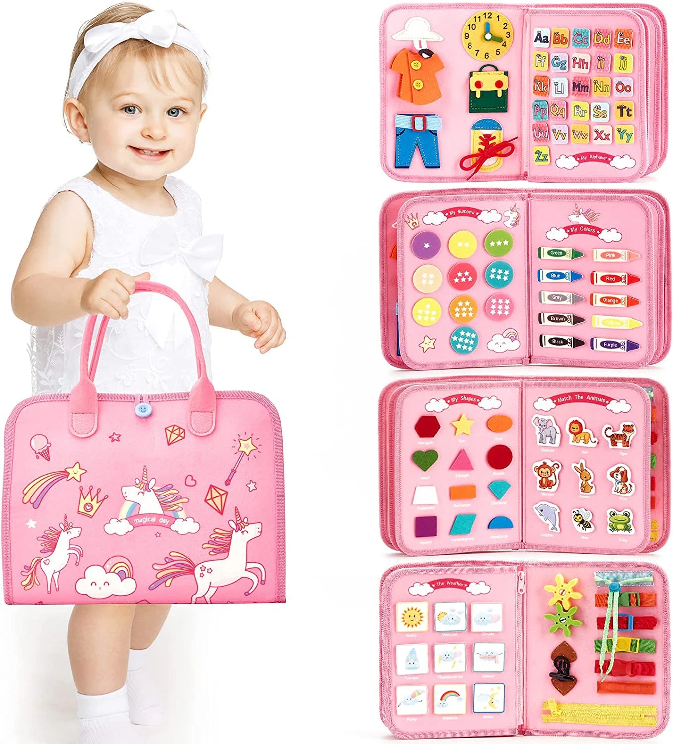 Child holding a pink educational toy bag with various compartments.