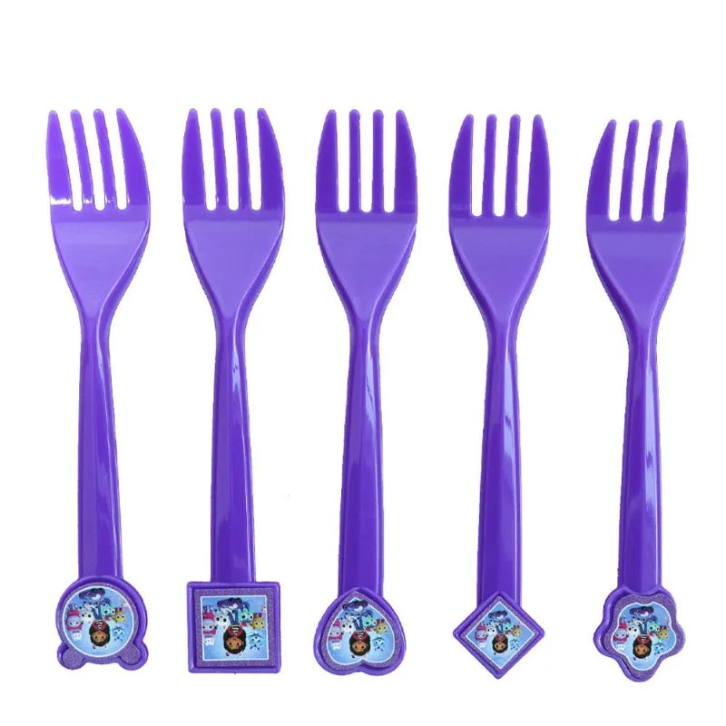 Set of five purple forks with cartoon character labels on a white background