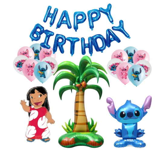 Birthday-themed set with cartoon characters, balloons, and a palm tree on a white background