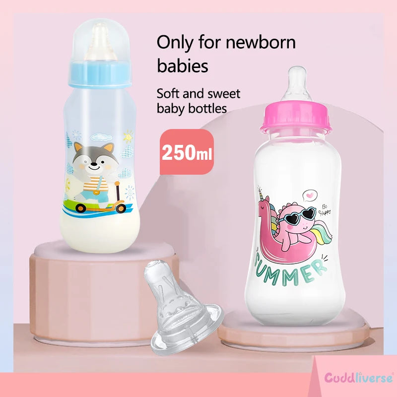 250ml BPA-free baby feeding bottles in pink and blue, featuring cute casual patterns and non-leaking design by Nestacular.