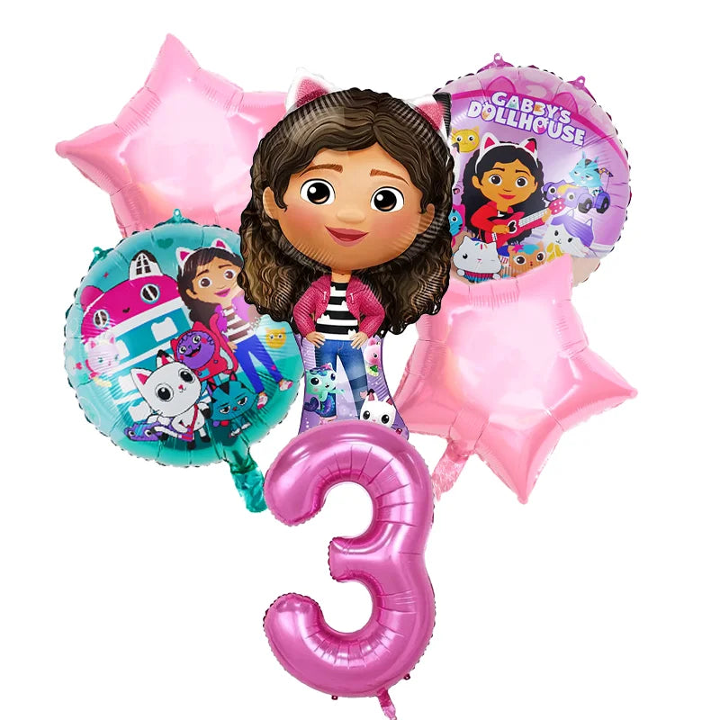 Set of balloons featuring a character from 'Gabby's Dollhouse' with a pink number '3'.
