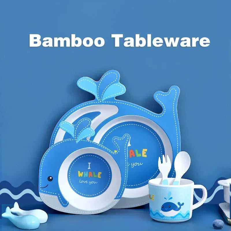Bamboo tableware set with whale design on a blue background