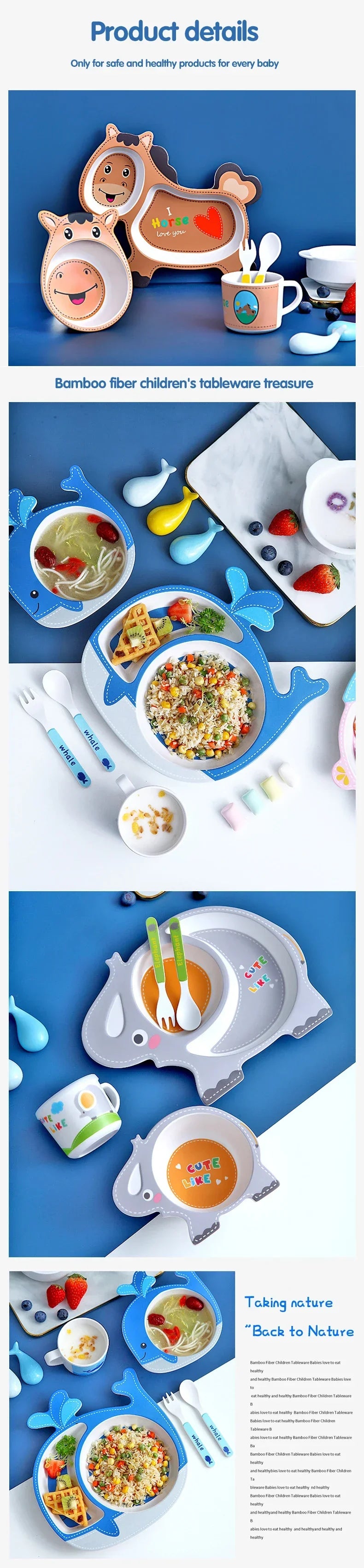 Children's tableware set with plates, cups, and cutlery on a blue background