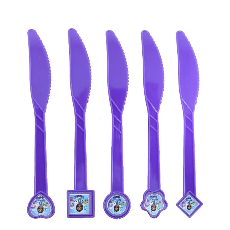 Set of five purple plastic knives with cartoon character designs on a white background