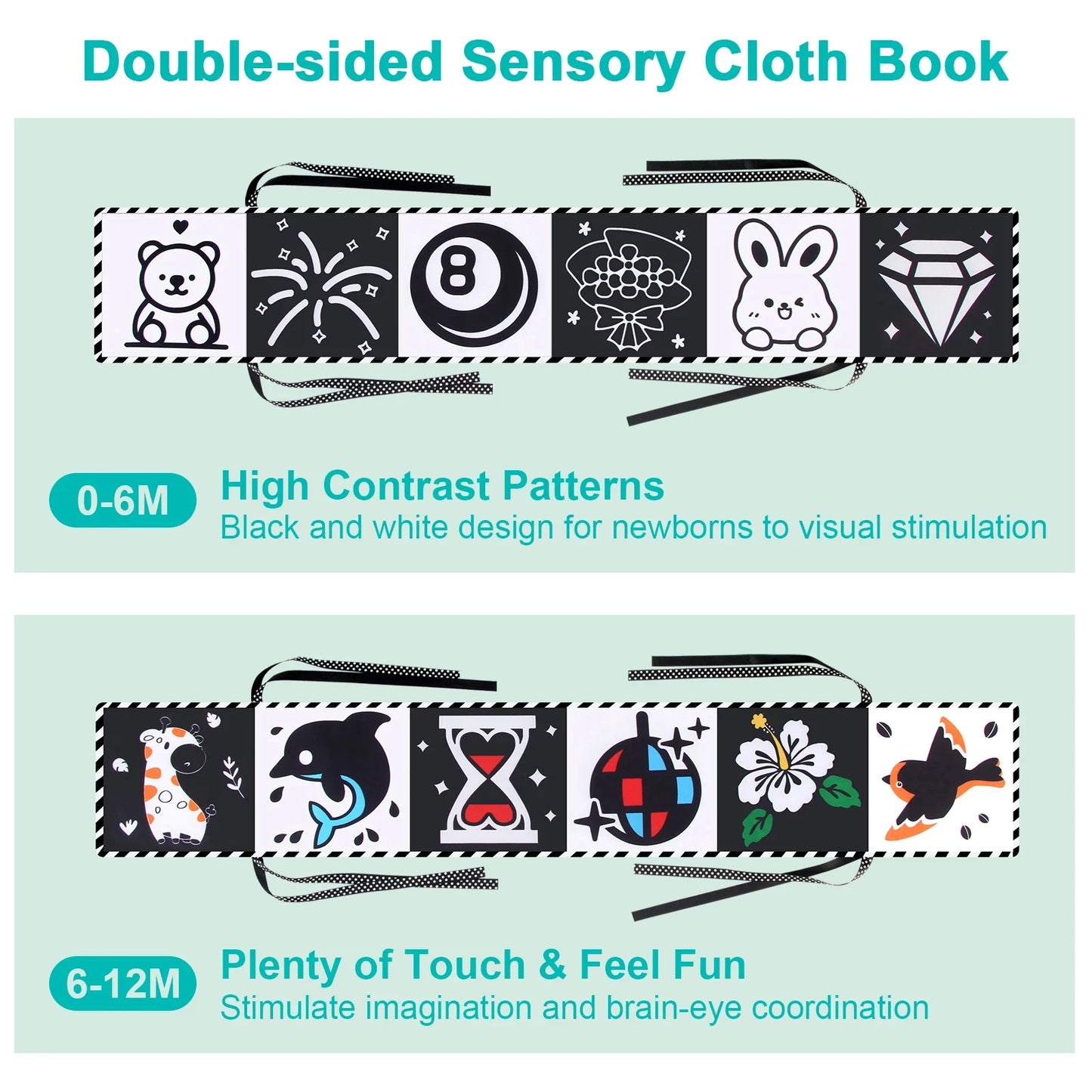 Double-sided sensory cloth book with high contrast patterns and touch & feel elements on a light green background.