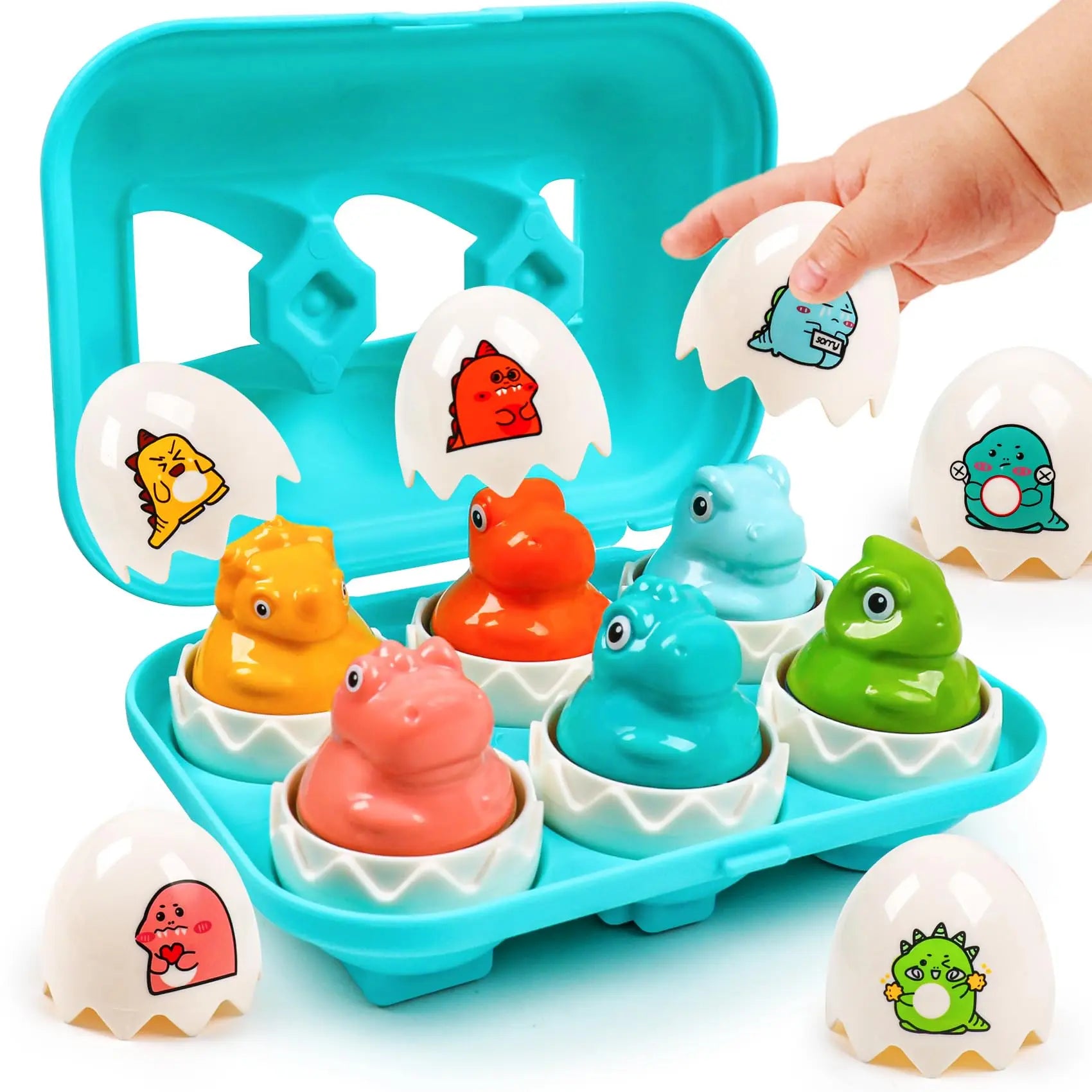 Colorful toy dinosaurs in eggshells with a blue egg carton holder on a light blue background.
