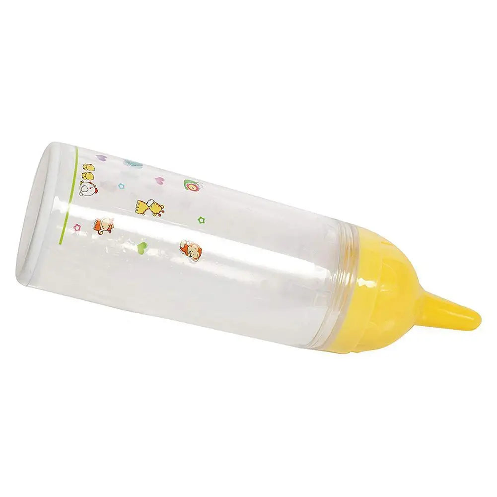 Baby bottle with yellow nipple on a white background