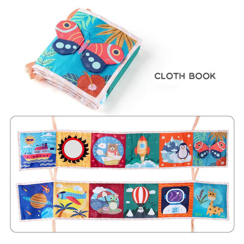 Colorful cloth book with various illustrations on a white background