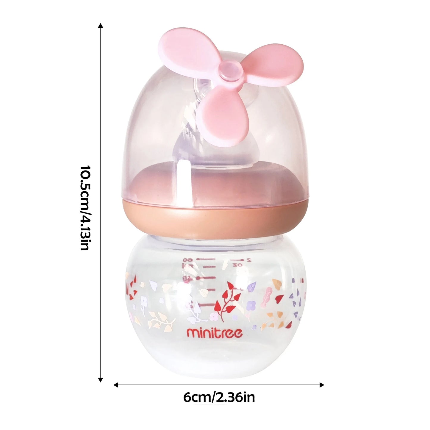 Baby bottle with pink lid and dimensions labeled on a white background