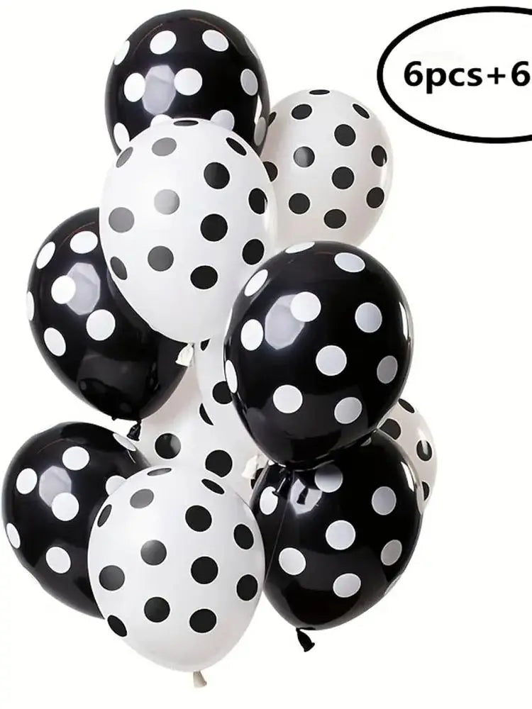 Bunch of black and white polka dot balloons with text indicating quantity on a white background