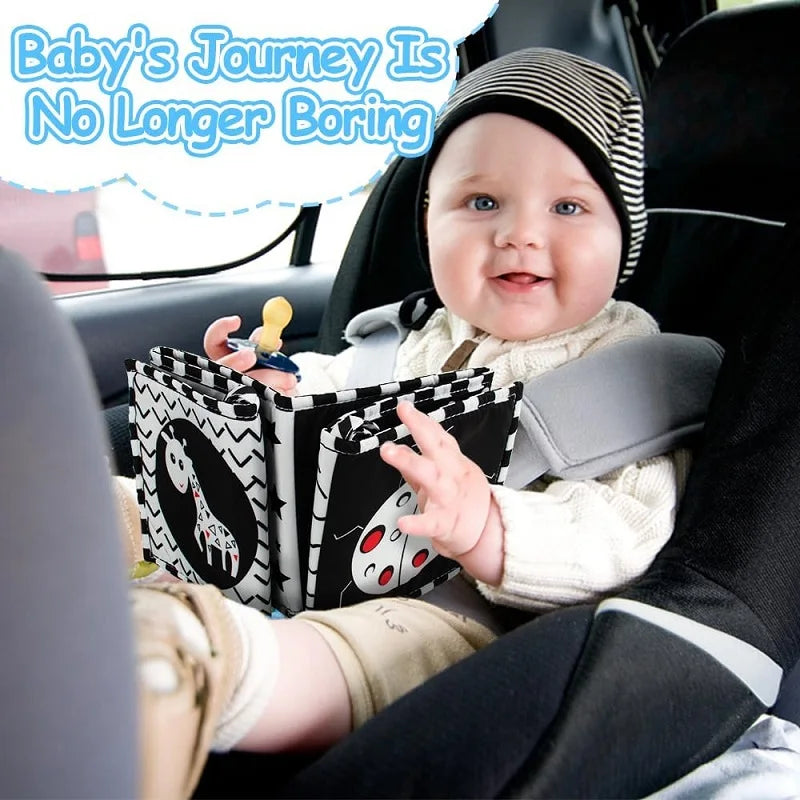 Baby in a car seat with a toy and book, text 'Baby's Journey Is No Longer Boring'.