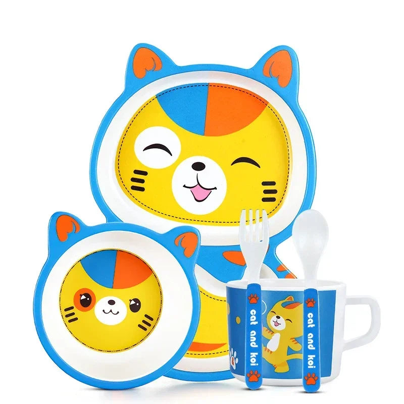 Children's tableware set with cartoon cat design on a white background