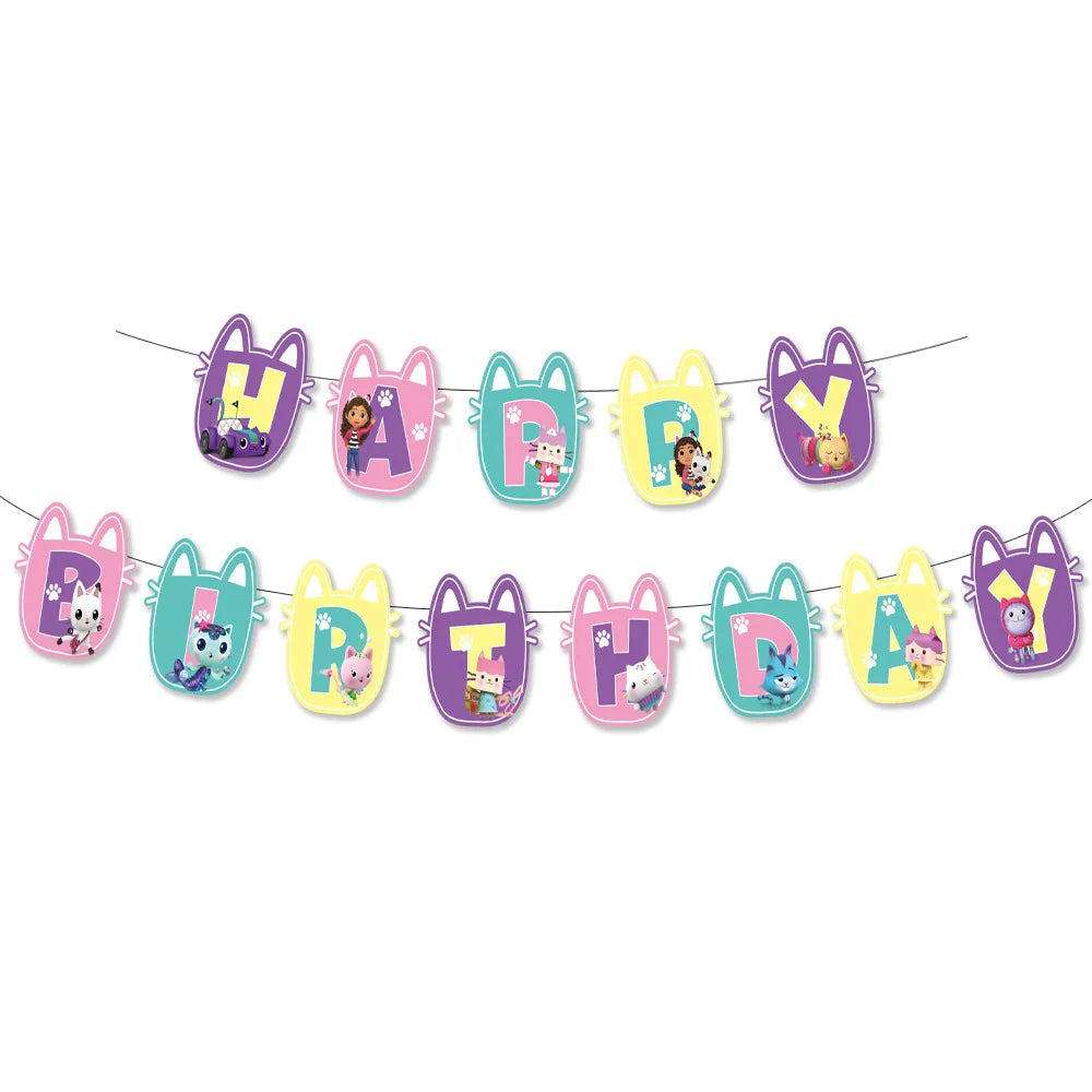 Colorful 'Happy Birthday' banner with cartoon characters on a white background