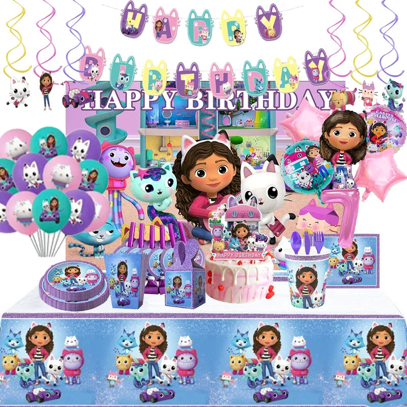 Dora the Explorer birthday party decorations with balloons, banner, and tableware.