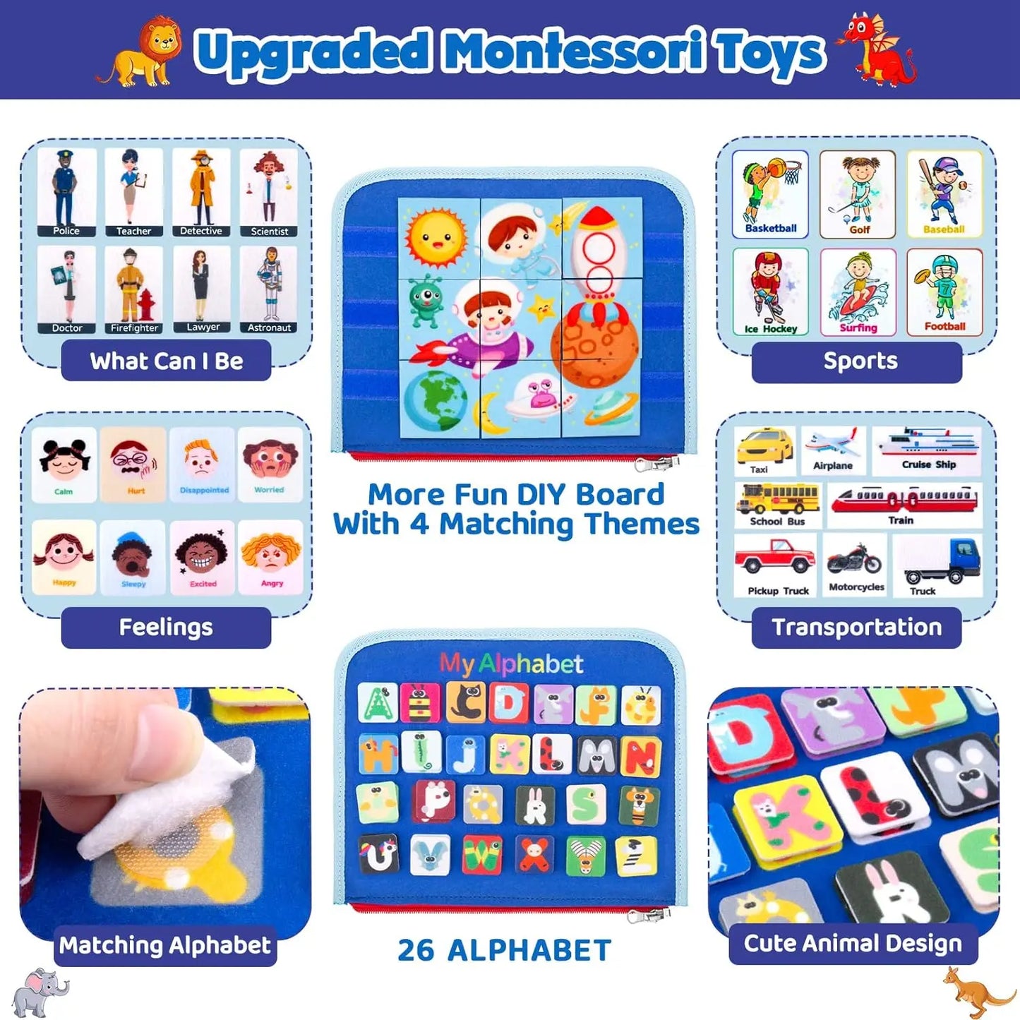 Upgraded Montessori Toys with various educational games and activities on a blue background.