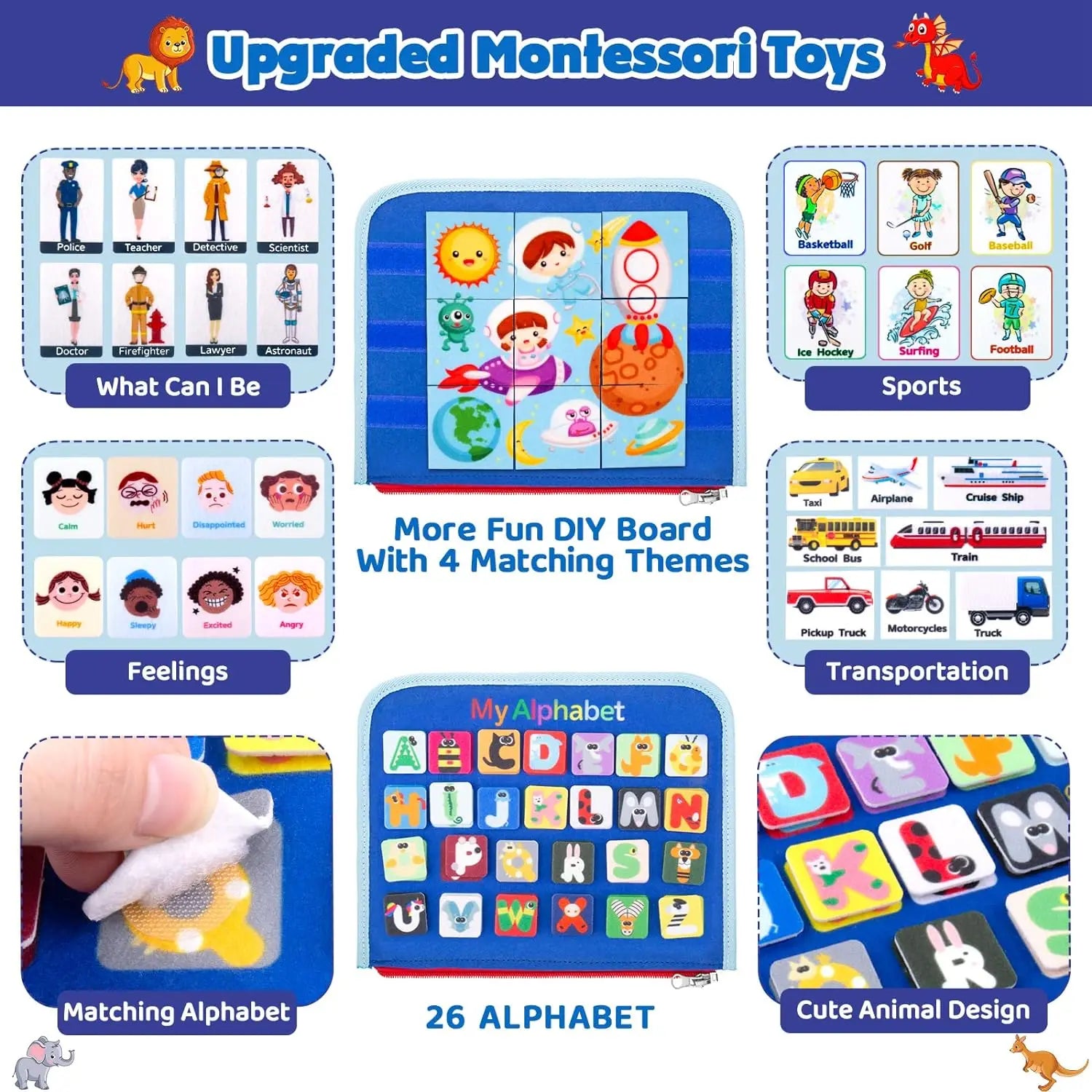 Upgraded Montessori Toys with various educational games and activities on a blue background.