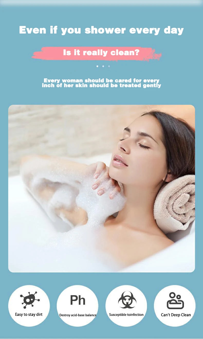 Woman in a bathtub with bubbles, surrounded by text about skin care and cleanliness.