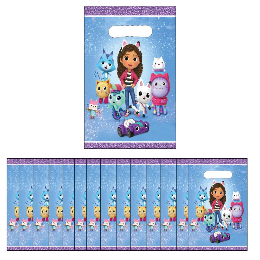 Set of party favor bags with cartoon characters on a blue background