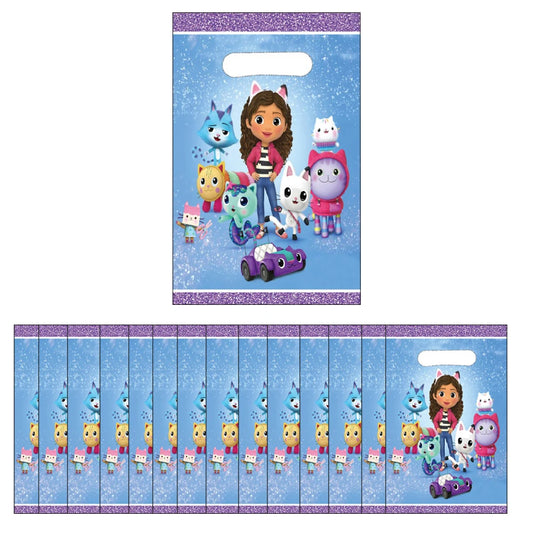 Set of party favor bags with cartoon characters on a blue background